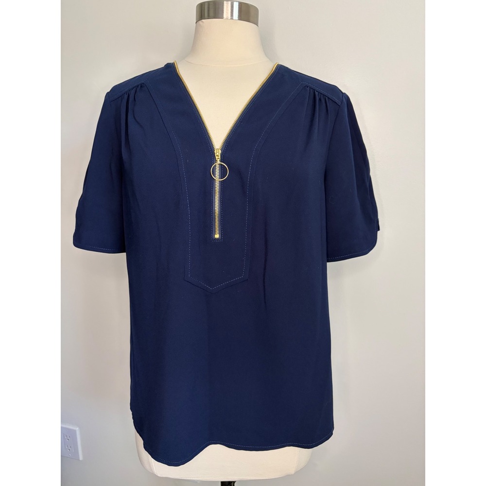 Trina Turk Navy Blue Gold Half Zip V-Neck Blouse Petal Sleeve Top Shirt L Chic